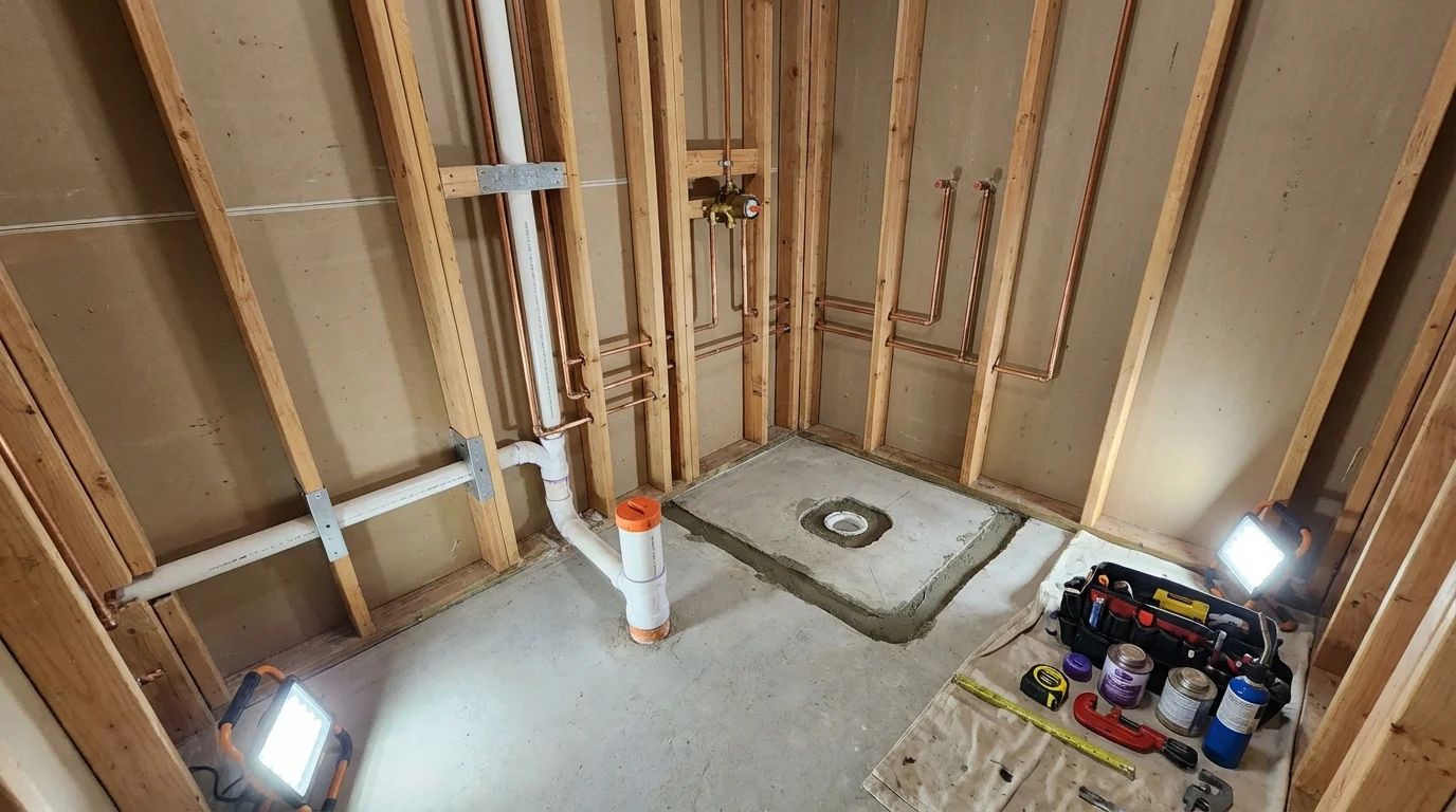 Bathroom rough-in plumbing during remodel by Johns Plumbing LLC in Baltimore