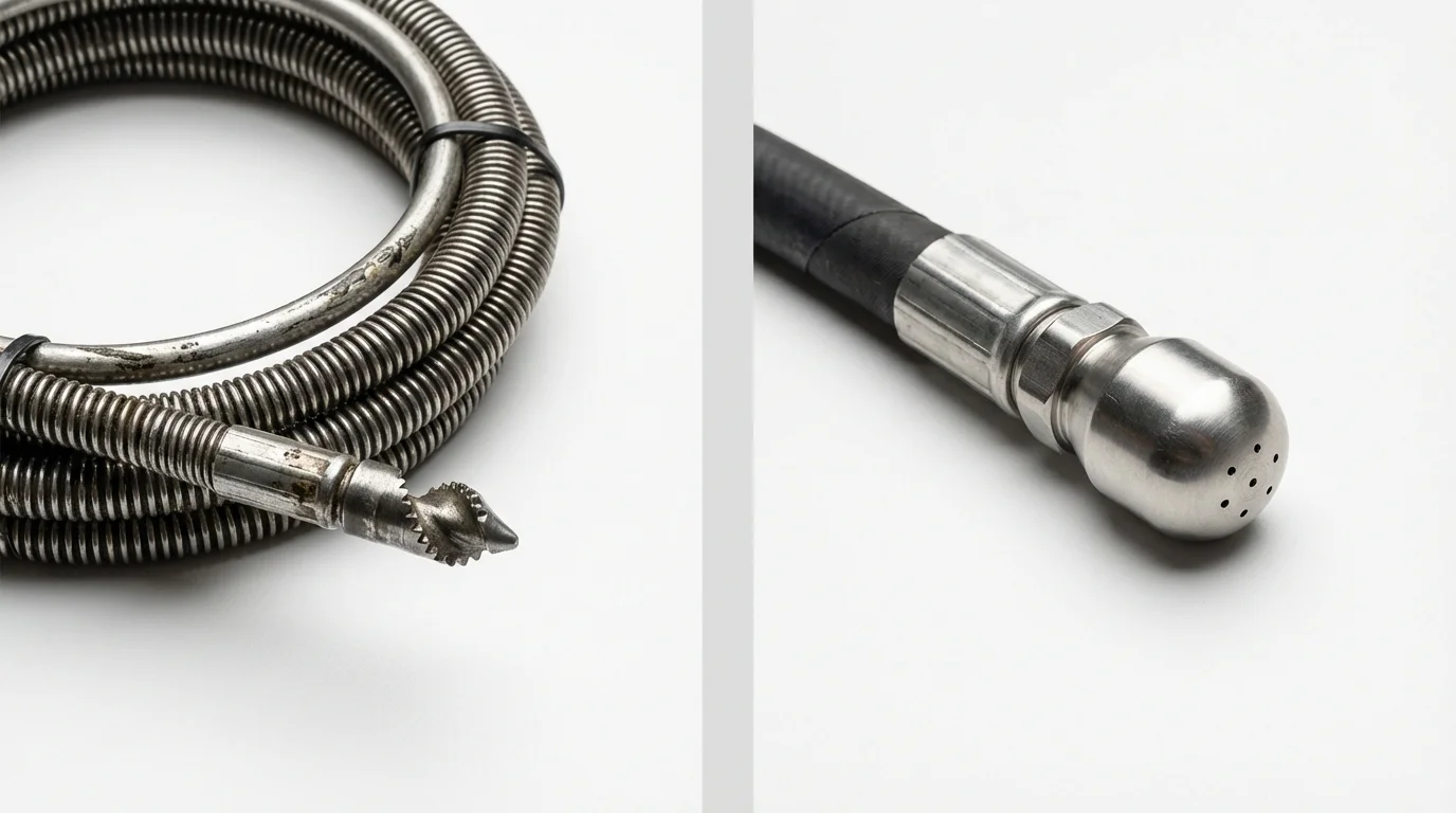 Drain snake cable and hydro jetting nozzle used for drain cleaning in Baltimore, OH