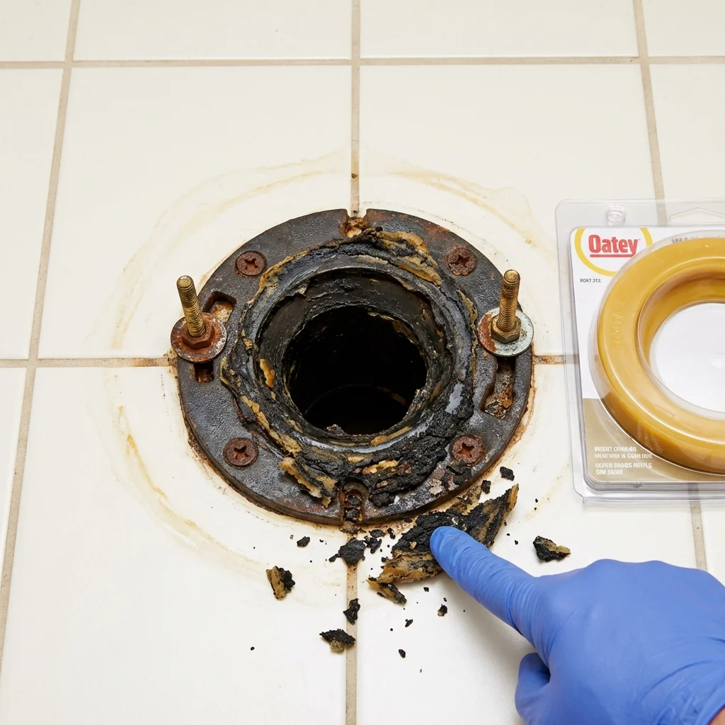 Failed wax ring showing water seepage at the base of a toilet in a Baltimore, OH home