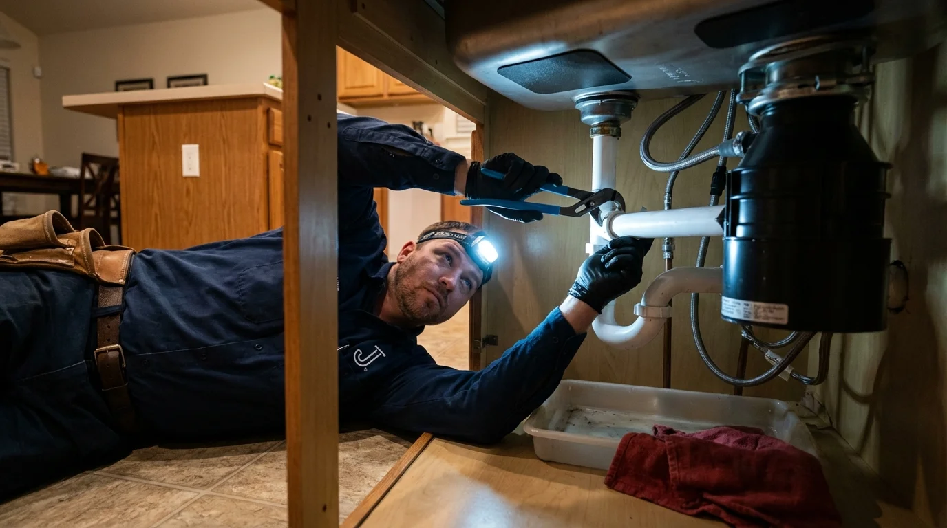 P-trap and supply line connections under a kitchen sink showing a common leak point in Baltimore, OH